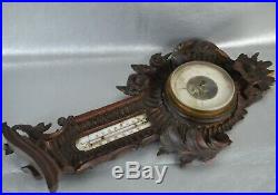 Antique Hanging Wall French Black Forest Wooden Carved Thermometer / Barometer