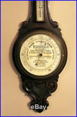 Antique Harry Hall Advertising Wheel Barometer Thermometer Wood Carved 34 Rare