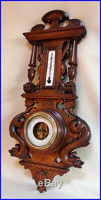 Antique Henry Deux WoodCarved French Wall Barometer & Thermometer 1898