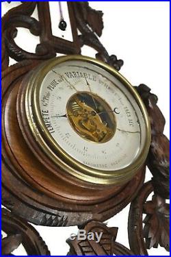 Antique Hunting Scene Carved Barometer / Thermometer, French