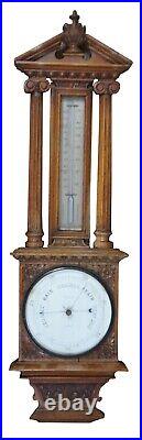 Antique J. Smith & Son English Carved Oak Aneroid Barometer Thermometer