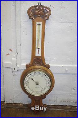 Antique James More Glasgow Carved Wood Wall Aneroid Barometer
