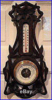Antique LARGE 16.5 wood carved german Black Forest BAROMETER thermometer 1880s