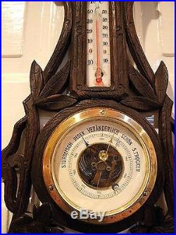 Antique LARGE 16.5 wood carved german Black Forest BAROMETER thermometer 1880s