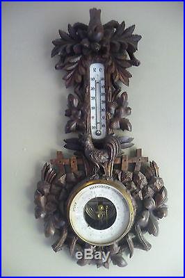 Antique Late 19thC German Black Forest Carved Wood Rooster Barometer Thermometer