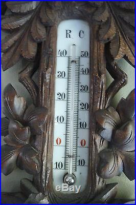 Antique Late 19thC German Black Forest Carved Wood Rooster Barometer Thermometer