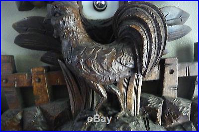 Antique Late 19thC German Black Forest Carved Wood Rooster Barometer Thermometer