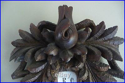 Antique Late 19thC German Black Forest Carved Wood Rooster Barometer Thermometer