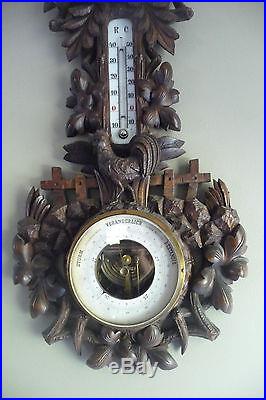 Antique Late 19thC German Black Forest Carved Wood Rooster Barometer Thermometer