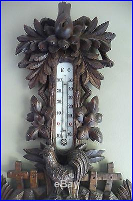 Antique Late 19thC German Black Forest Carved Wood Rooster Barometer Thermometer