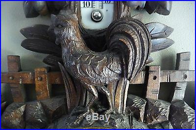 Antique Late 19thC German Black Forest Carved Wood Rooster Barometer Thermometer