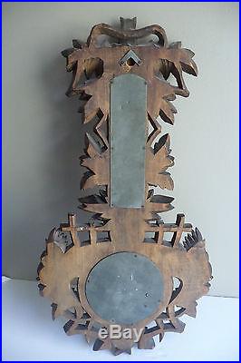Antique Late 19thC German Black Forest Carved Wood Rooster Barometer Thermometer