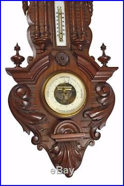 Antique Leaf Carved Architectural Walnut Barometer / Thermometer, Dutch