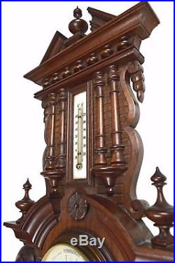 Antique Leaf Carved Architectural Walnut Barometer / Thermometer, Dutch