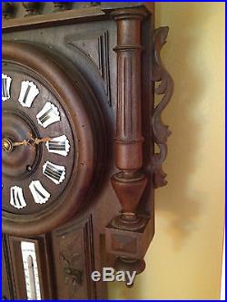 Antique Likley French Carved Wood Wall Barometer Aneroide Thermometer / Clock