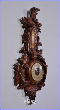 Antique Louis XV Barometer Thermometer Weather Station Deeply Carved Oak Wood