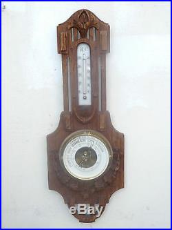 Antique Oak Wood Black Forest Style Carved Barometer & Thermometer
