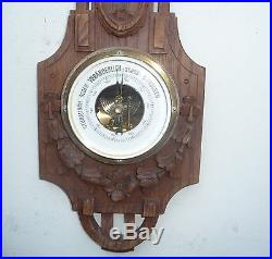Antique Oak Wood Black Forest Style Carved Barometer & Thermometer