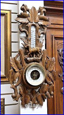 Antique Oak Wood Carved Wall Barometer Thermometer With Horse 1890