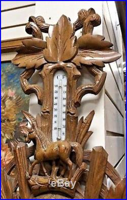 Antique Oak Wood Carved Wall Barometer Thermometer With Horse 1890