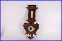 Antique Old French Made Carved Wooden Aneroid Barometer with Thermometer
