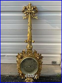 Antique Ornate Brass Aneroid Wall Barometer & Thermometer