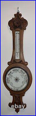 Antique Ornate Carved Aneroid Wall Barometer & Thermometer