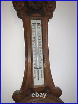 Antique Ornate Carved Aneroid Wall Barometer & Thermometer