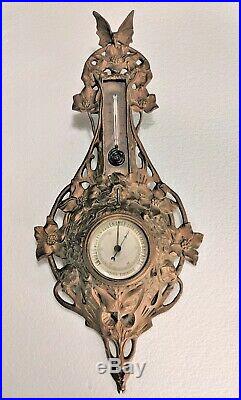 Antique Ornate Cast Metal French Aneroid Barometer w Farenheit Thermometer