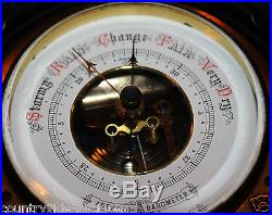 Antique Pre-War German Aneroid Barometer with Carved Wooden Case, Brass, Vintage