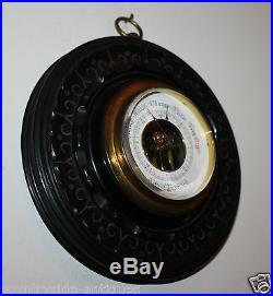 Antique Pre-War German Aneroid Barometer with Carved Wooden Case, Brass, Vintage