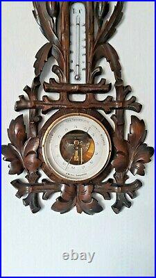Antique RARE 23,5 Wall Wood Carved Black Forest Swan Barometer Thermometer 19th