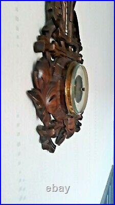 Antique RARE 23,5 Wall Wood Carved Black Forest Swan Barometer Thermometer 19th