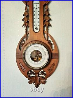 Antique RARE Wall Wood Carved Black Forest Deer Hunting Barometer Thermometer