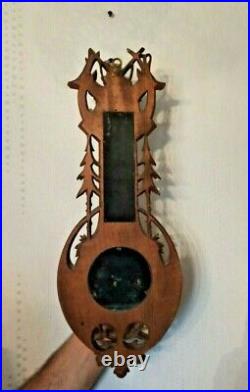 Antique RARE Wall Wood Carved Black Forest Deer Hunting Barometer Thermometer