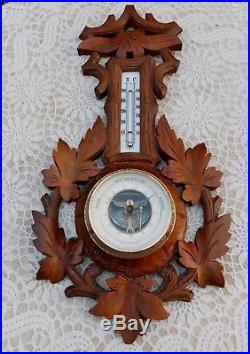 Antique RC Thermometer Barometer Black Forest Carved Wood Rudolf Nowak Austria