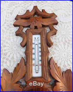 Antique RC Thermometer Barometer Black Forest Carved Wood Rudolf Nowak Austria