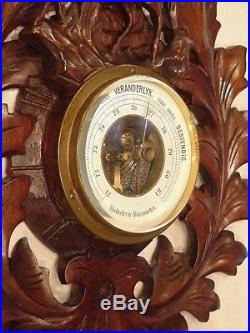 Antique R F fine carved wooden nut wall barometer w thermometer weatherstation