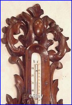 Antique R F fine carved wooden nut wall barometer w thermometer weatherstation