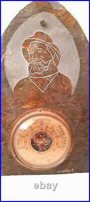 Antique Rare Signed Hanging Barometer On Heavy Slate Hand Graved Graghic Man