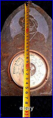 Antique Rare Signed Hanging Barometer On Heavy Slate Hand Graved Graghic Man