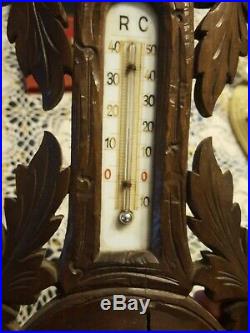 Antique Reaumur Scale Black Forest Wood Carving Barometer Thermometer
