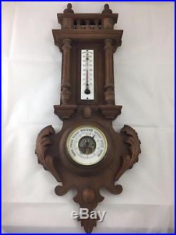 Antique Renaissance Henry II French oak wood thermometer barometer turned carved