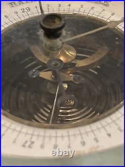 Antique Skeleton Dial Barometer Brass Thick Glass Crystal Wooden Base
