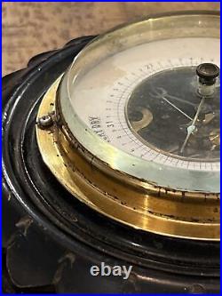 Antique Skeleton Dial Barometer Brass Thick Glass Crystal Wooden Base