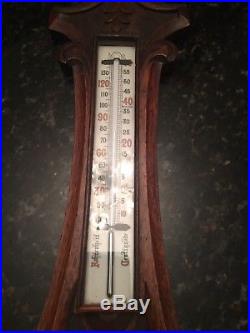 Antique Solid Oak Aneroid Barometer & Thermometer