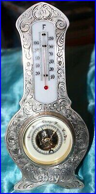 Antique Sterling Silver Desktop Barometer Thermometer on stand Porcelain Faces