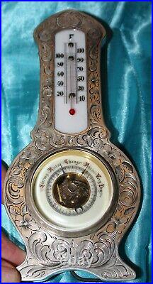 Antique Sterling Silver Desktop Barometer Thermometer on stand Porcelain Faces