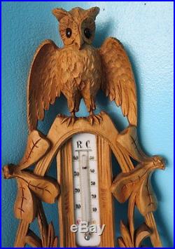 Antique Swiss Black Forest Carving Wall Thermometer Barometer Art Nouveau Owl