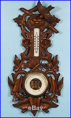 Antique Swiss Black Forest Wood Carved Barometer Thermometer Bird Butterfly